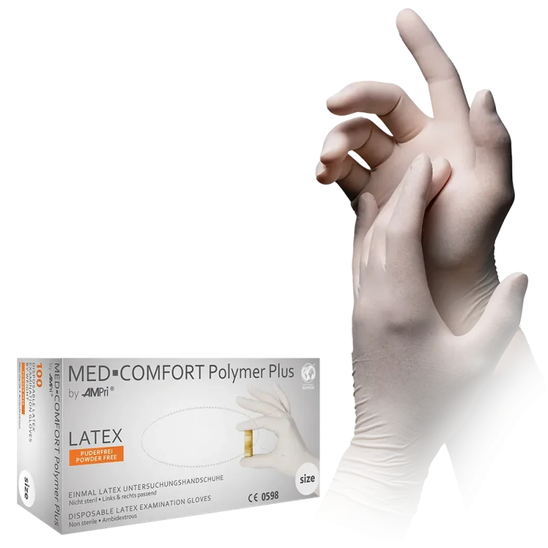 AMPRI-Hand-Schutz, Einweg-Latex-Einmal-Handschuhe, POLYMER PLUS, puderfrei, weiß, Pkg á 100 Stück, VE = 10 Pkg.