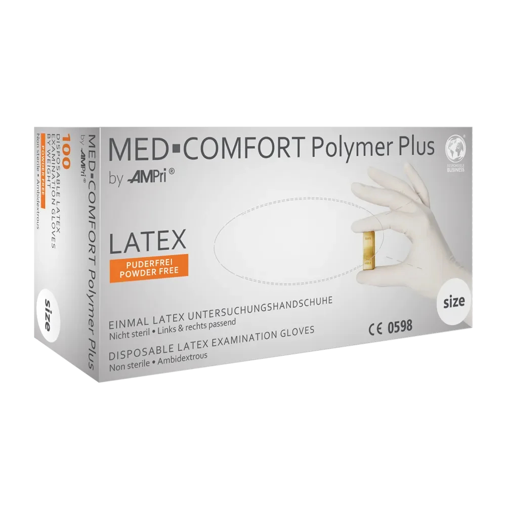 AMPRI-Hand-Schutz, Einweg-Latex-Einmal-Handschuhe, POLYMER PLUS, puderfrei, weiß, Pkg á 100 Stück, VE = 10 Pkg.