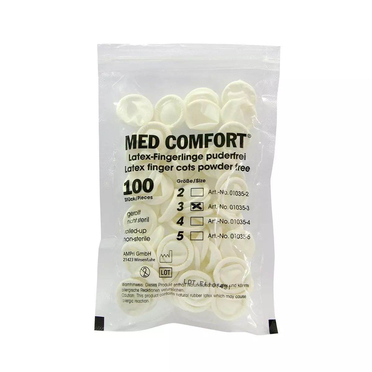 AMPRI-Med-Comfort Latex-Fingerlinge, transparent, ungepudert, VE= 10 Beutel  100 Stck