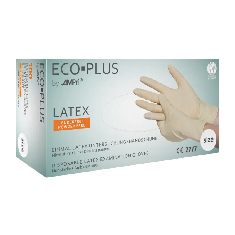 AMPRI-Hand-Schutz, Einweg-Latex-Einmal-Handschuhe, ECO PLUS, puderfrei, Pkg á 100 Stück, VE = 10 Pkg.