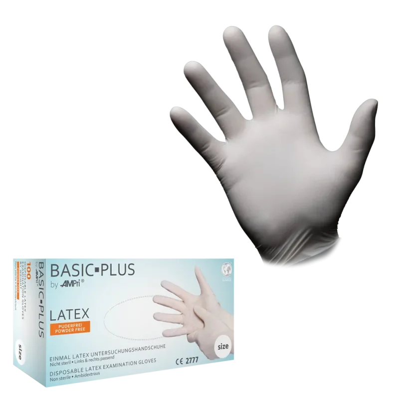 AMPRI-Hand-Schutz, Einweg-Latex-Einmal-Handschuhe, BASIC PLUS, puderfrei, weiß, Pkg á 100 Stück, VE = 1 Pkg.