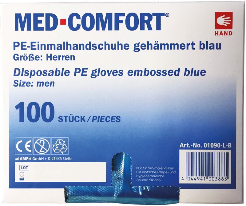 AMPRI-Hand-Schutz, Einweg-PE-Einmal-Handschuhe, MED COMFORT, blau, ca 30 cm lang, Pkg  100 Stck, VE = 50 Pkg.