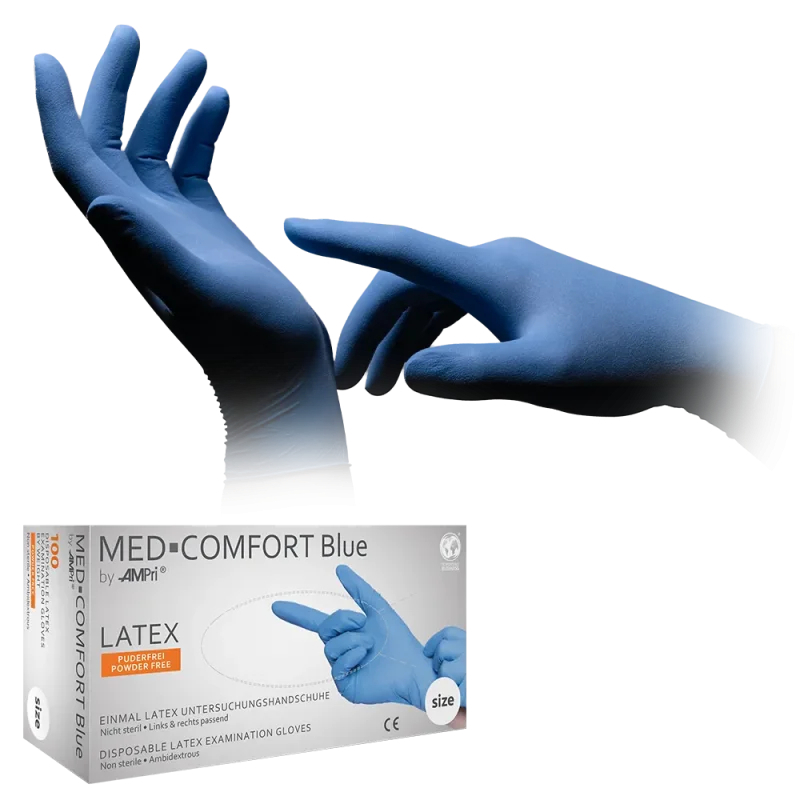 AMPRI-Hand-Schutz, Einweg-Latex-Einmal-Handschuhe, MED COMFORT BLUE, puderfrei, blau, Pkg á 100 Stück, VE = 1 Pkg.