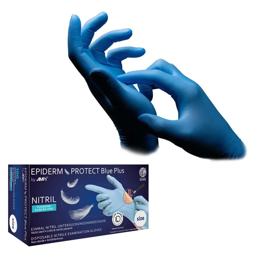 AMPRI-Hand-Schutz, Nitril-Einmal-Einweg-Handschuhe, BLUE PLUS by Med Comfort, puderfrei, blau, Gr. XS -XL