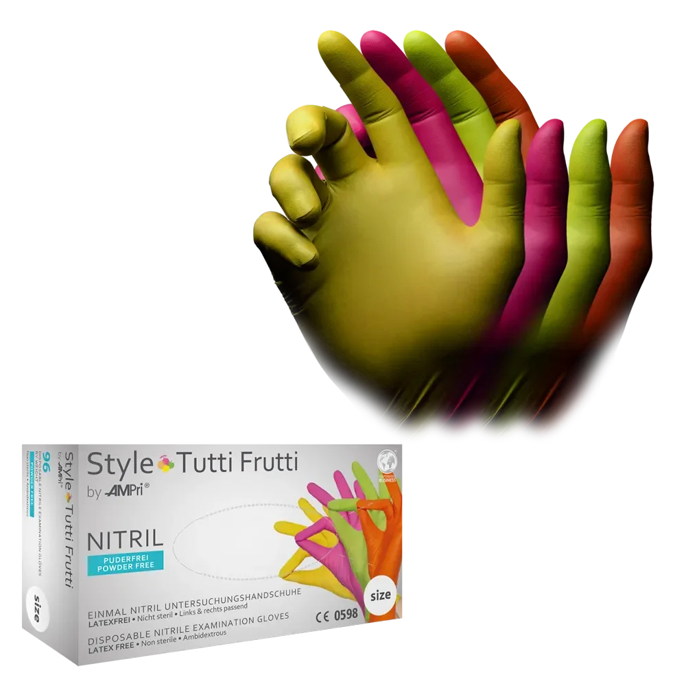 AMPRI-Hand-Schutz, Nitril-Einmal-Einweg-Handschuhe, Style tutti frutti by Med-Comfort, ungepudert, VE= 10 Boxen á 96 Stück