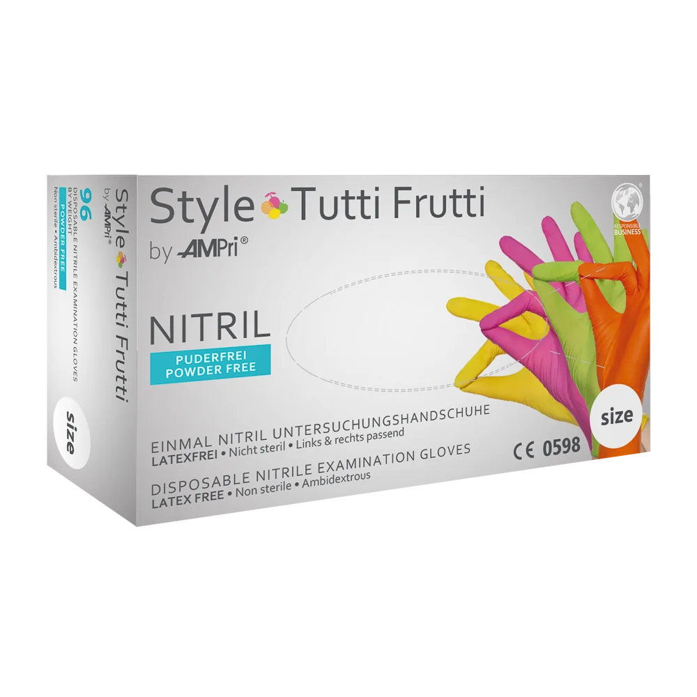AMPRI-Hand-Schutz, Nitril-Einmal-Einweg-Handschuhe, Style tutti frutti by Med-Comfort, ungepudert, VE= 10 Boxen á 96 Stück