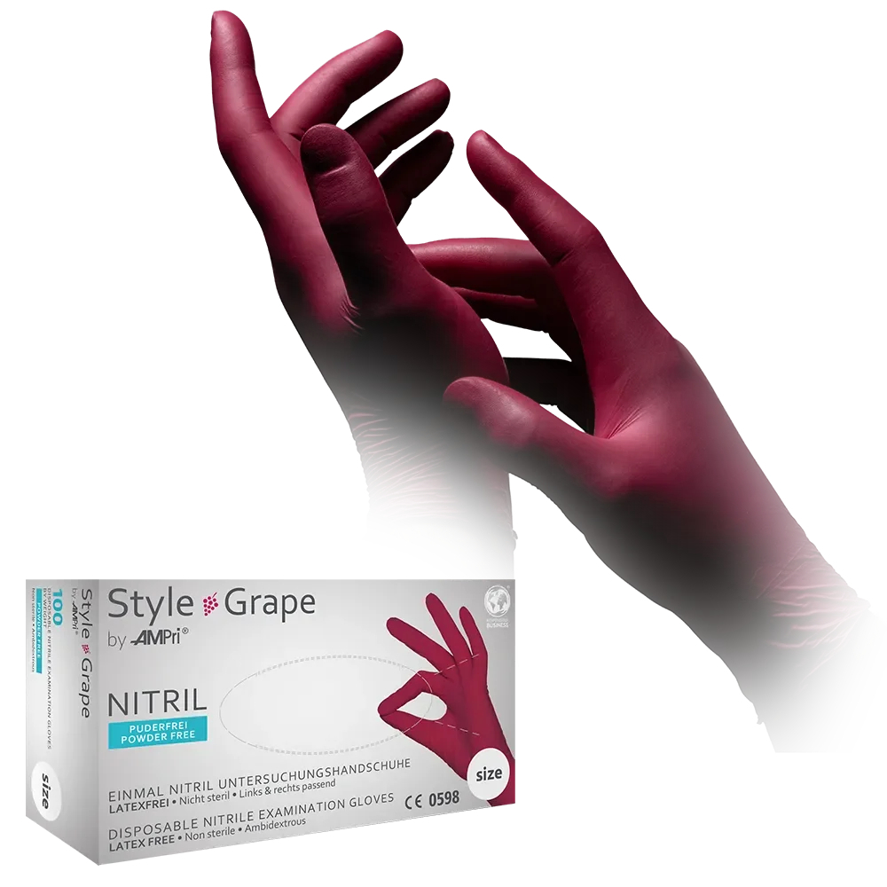 AMPRI-Hand-Schutz, Einweg-Nitril-Einmal-Handschuhe, STYLE GRAPE, puderfrei, bordeaux, Pkg á 100 Stück, VE = 10 Pkg.
