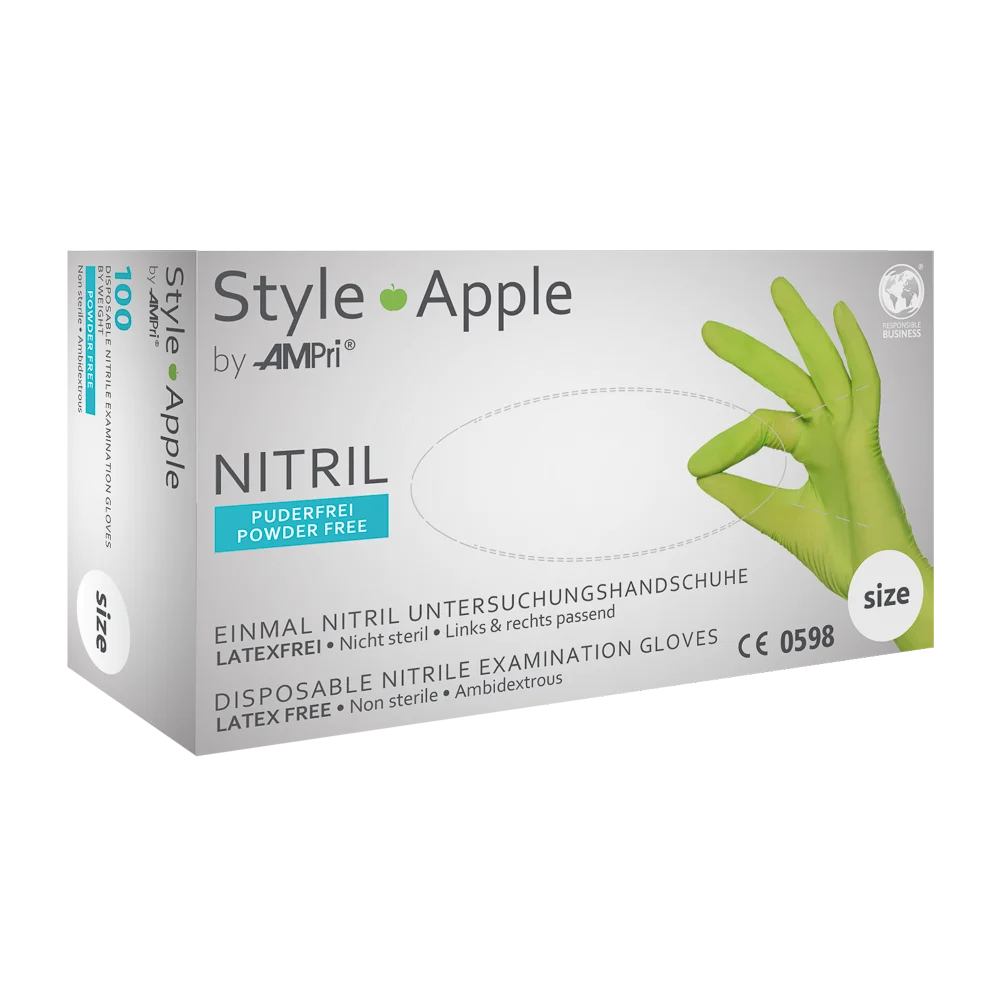 AMPRI-Hand-Schutz, Einweg-Nitril-Einmal-Handschuhe, STYLE APPLE, puderfrei, apfelgrün, Pkg á 100 Stück, VE = 10 Pkg.