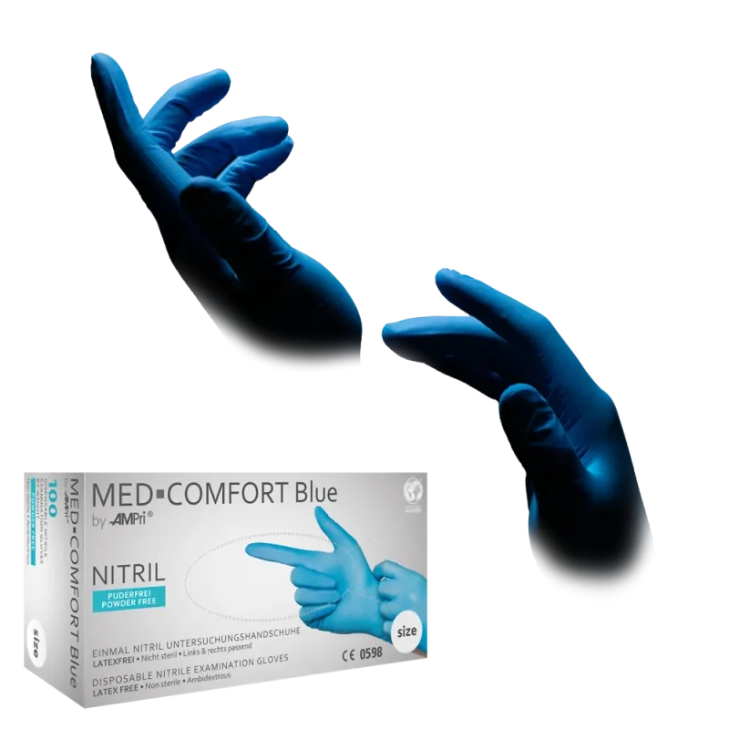 AMPRI-Hand-Schutz, Einweg-Nitril-Einmal-Handschuhe, BLUE COMFORT, puderfrei, blau, Pkg á 100 Stück, VE = 10 Pkg.