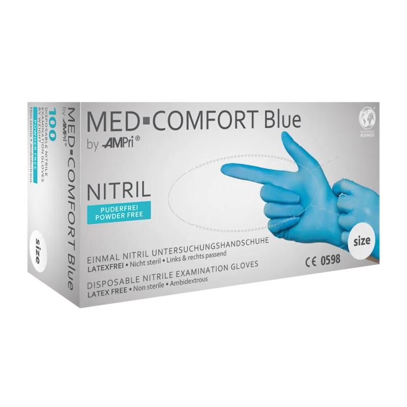 AMPRI-Hand-Schutz, Einweg-Nitril-Einmal-Handschuhe, BLUE COMFORT, puderfrei, blau, Pkg á 100 Stück, VE = 10 Pkg.