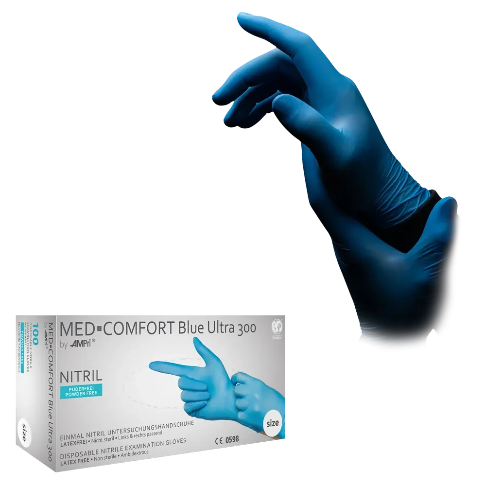 AMPRI-Hand-Schutz, Einweg-Nitril-Einmal-Handschuhe, MED COMFORT BLUE ULTRA 300, puderfrei, Pkg á 100 Stück, VE = 10 Pkg.