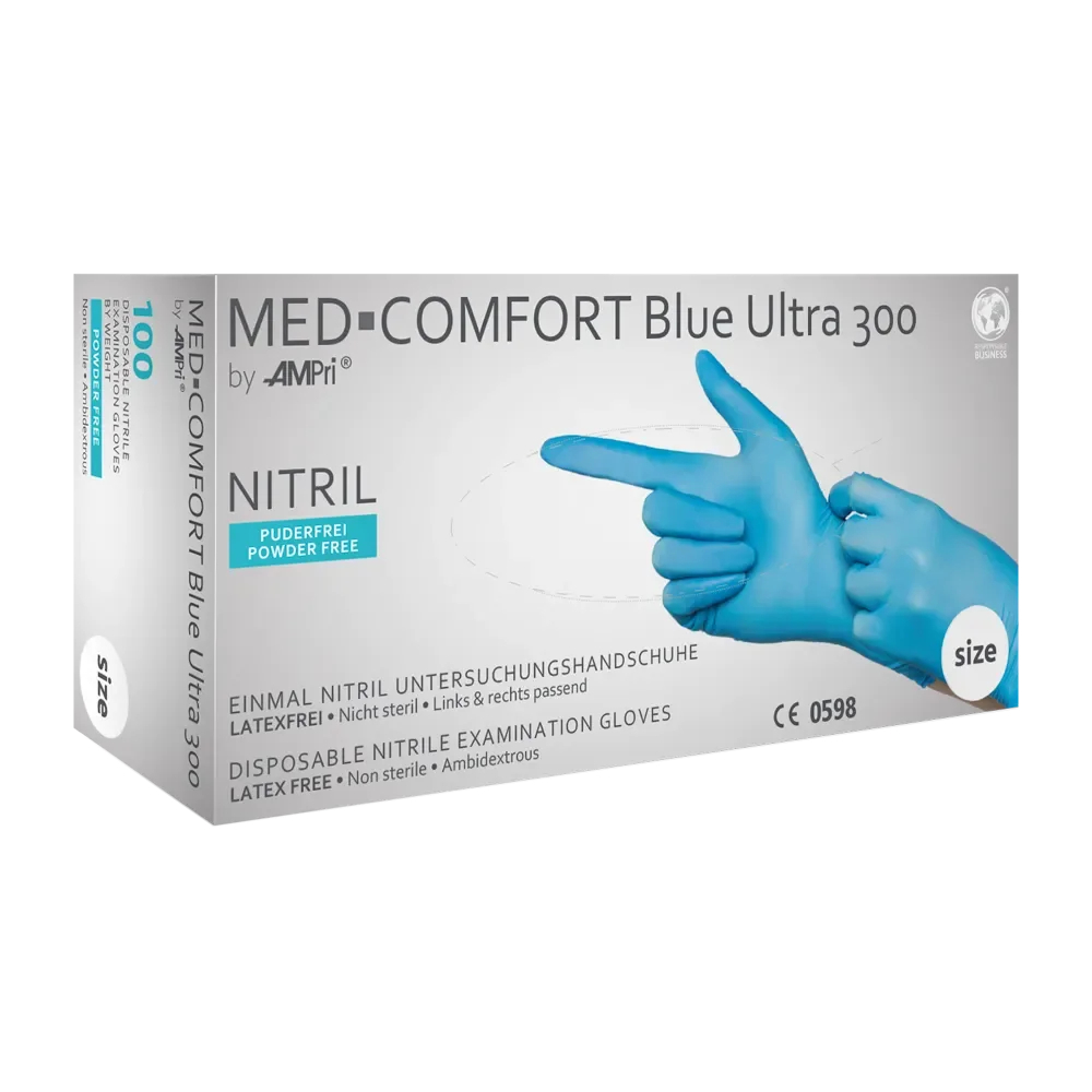 AMPRI-Hand-Schutz, Einweg-Nitril-Einmal-Handschuhe, MED COMFORT BLUE ULTRA 300, puderfrei, Pkg á 100 Stück, VE = 10 Pkg.