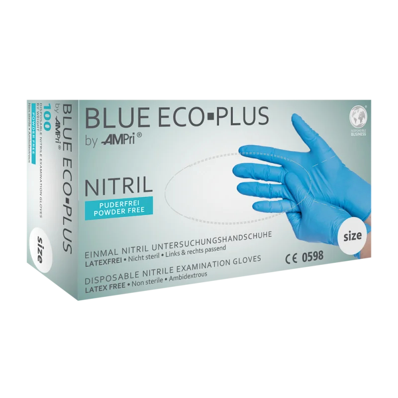 AMPRI-Hand-Schutz, Einweg-Nitril-Einmal-Handschuhe, BLUE ECO PLUS, puderfrei, blau, Pkg á 100 Stück, VE = 1 Pkg.