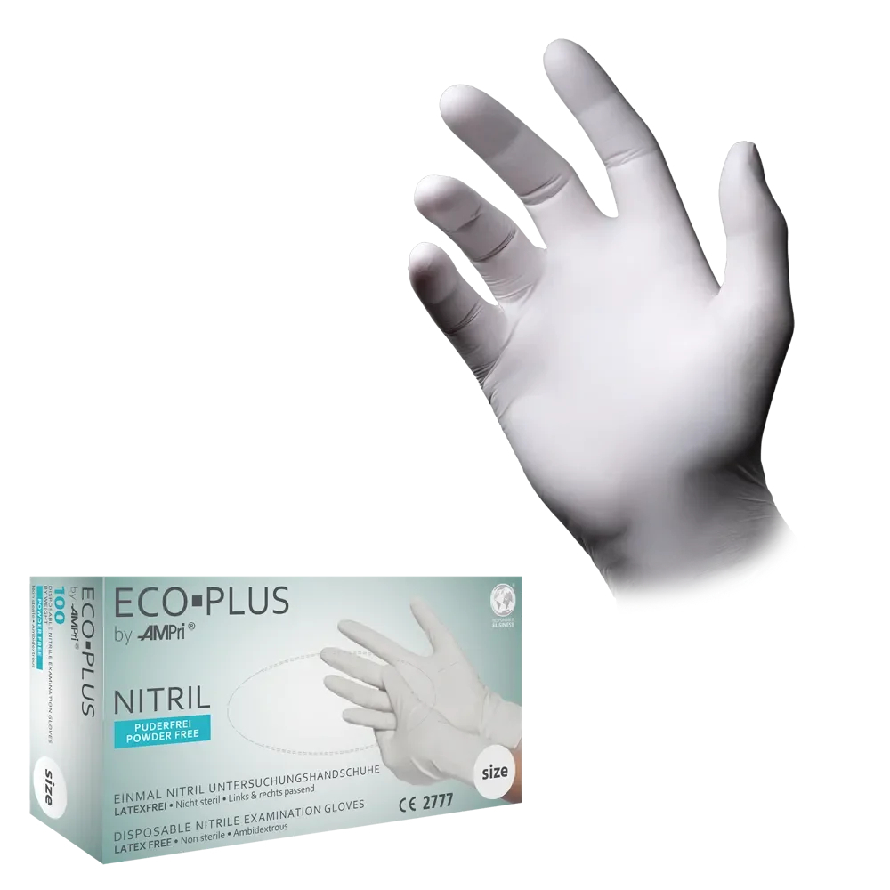 AMPRI-Hand-Schutz, Einweg-Nitril-Einmal-Handschuhe, ECO PLUS, puderfrei, weiß, Pkg á 100 Stück, VE = 1 Pkg.
