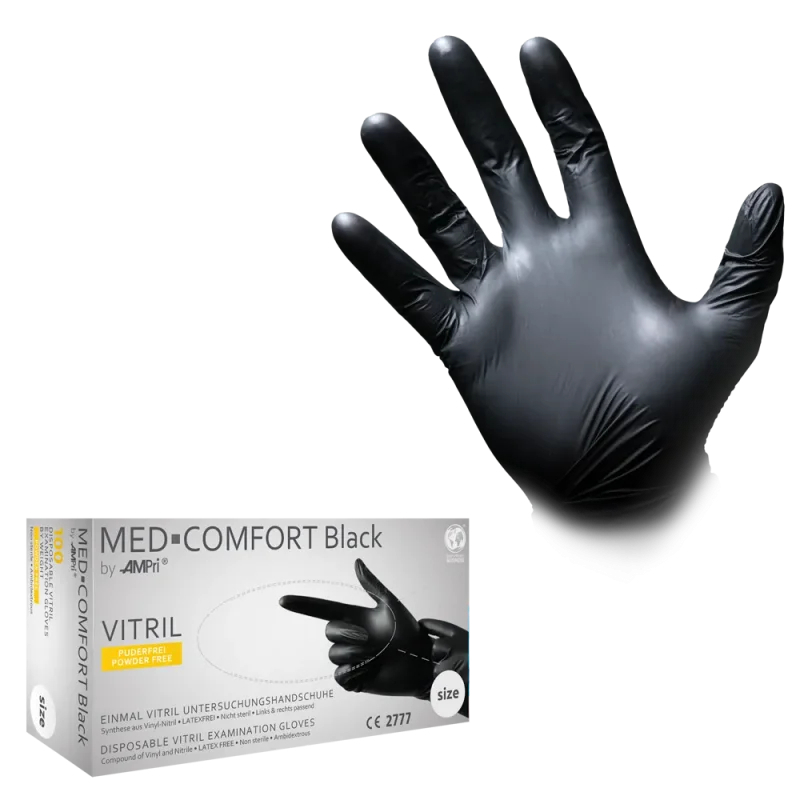 AMPRI-Nitril-Einmal-Einweg-Handschuhe, MED COMFORT, puderfrei, VE = Pkg. á 100 Stück, schwarz