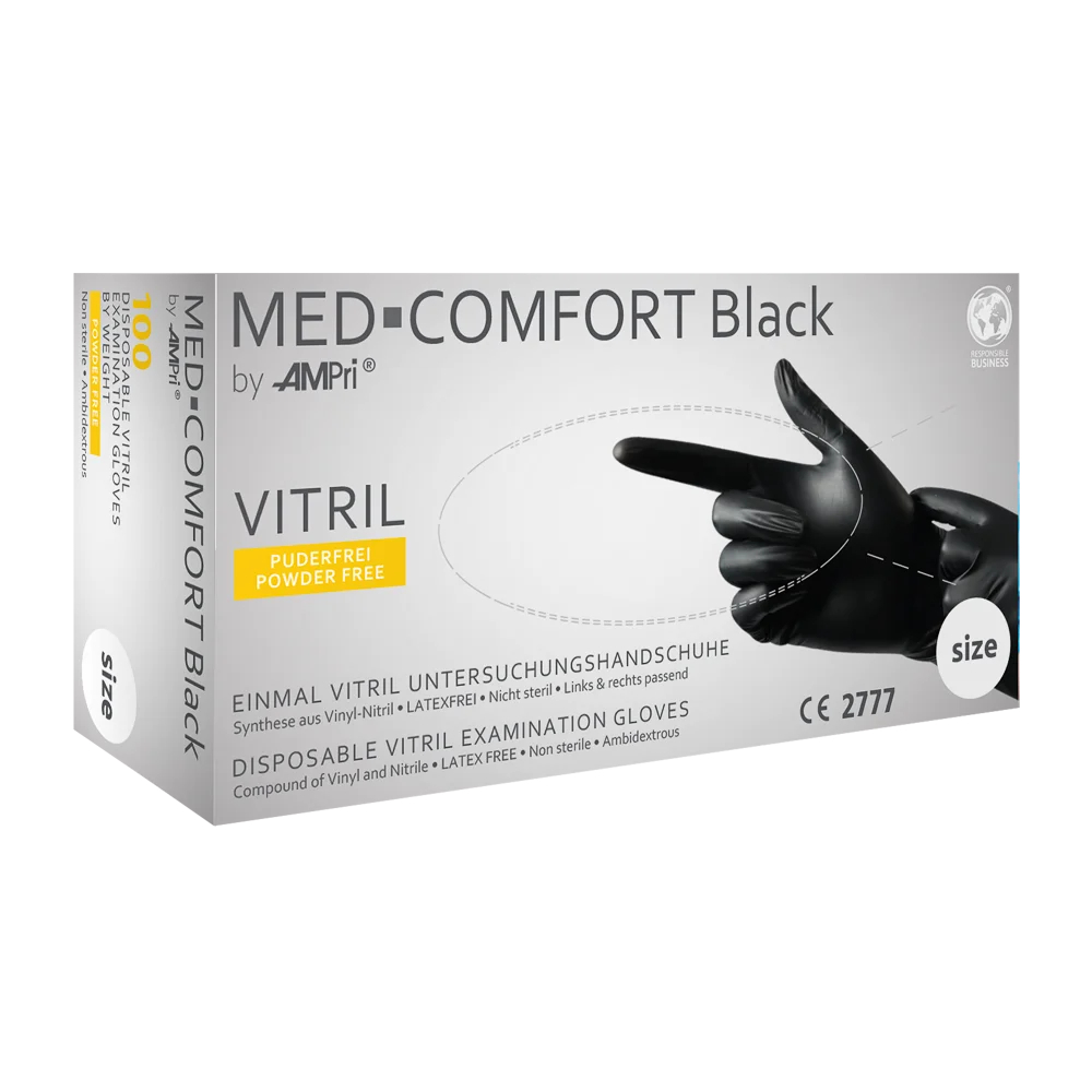 AMPRI-Nitril-Einmal-Einweg-Handschuhe, MED COMFORT, puderfrei, VE = Pkg. á 100 Stück, schwarz