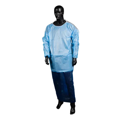 AMPRI-Einweg-PP-Vlieskittel, Einmalkittel, MED COMFORT, angenähte PE-Schürze, blau, VE = 1 Pkg. á 100 Stück