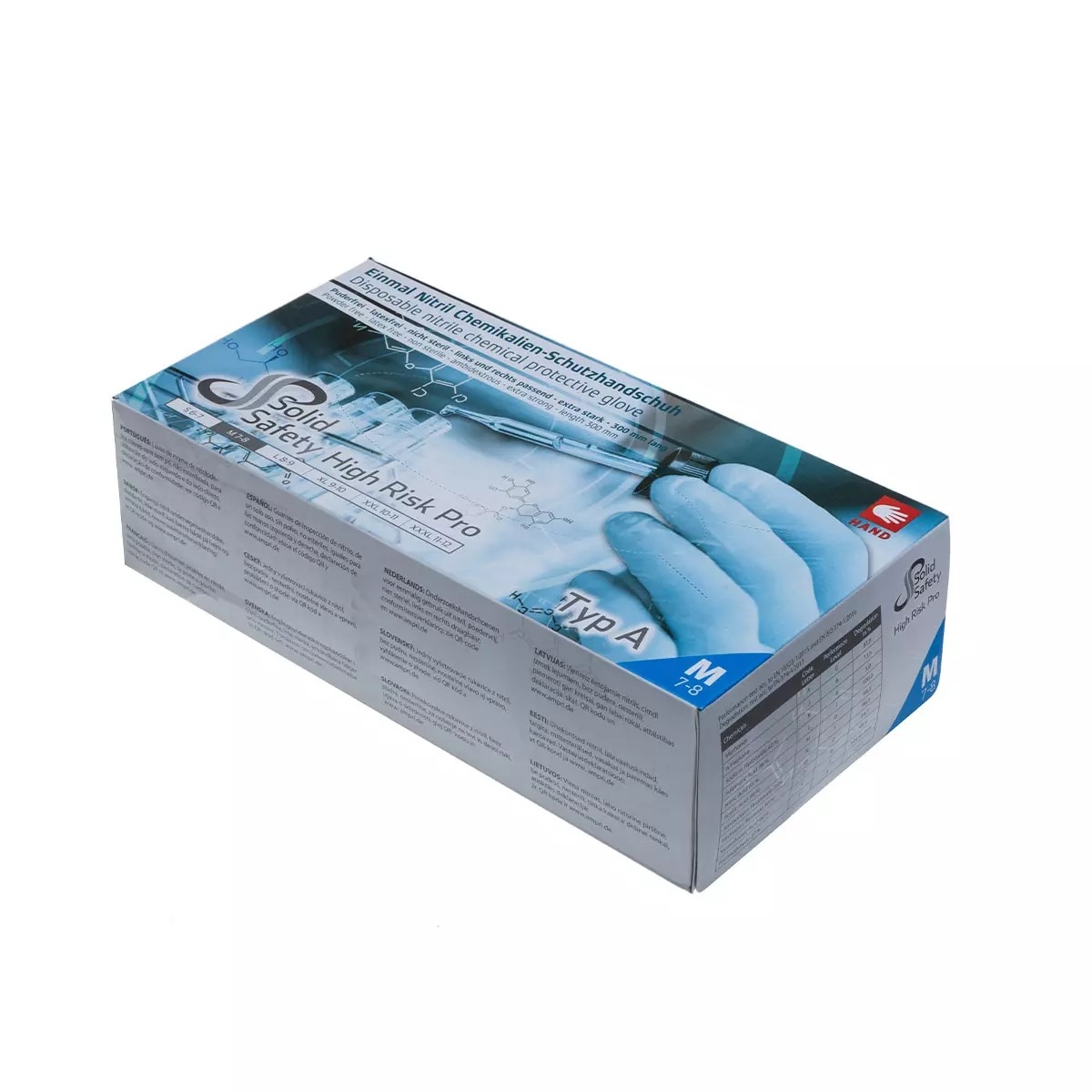 AMPRI-SolidSafety, Chemikalien-Schutz-Einweg-Handschuhe, Pro Nitril,  puderfrei, blau, VE = 10 Boxen  a 50 Stck
