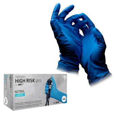 AMPRI-SolidSafety, Chemikalien-Schutz-Einweg-Handschuhe, Pro Nitril, puderfrei, blau, VE = 10 Boxen a 50 Stück