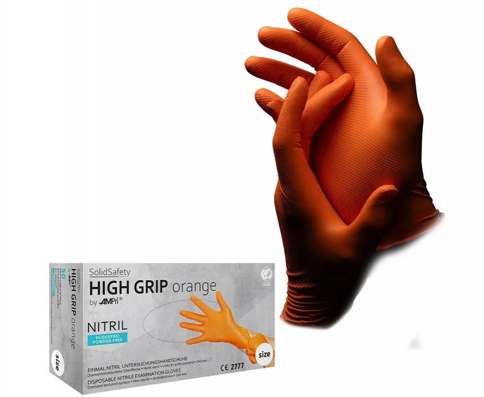 AMPRI-Solidsafety High Grip Orange, Nitril-Chemikalienschutzhandschuh, puderfrei, orange