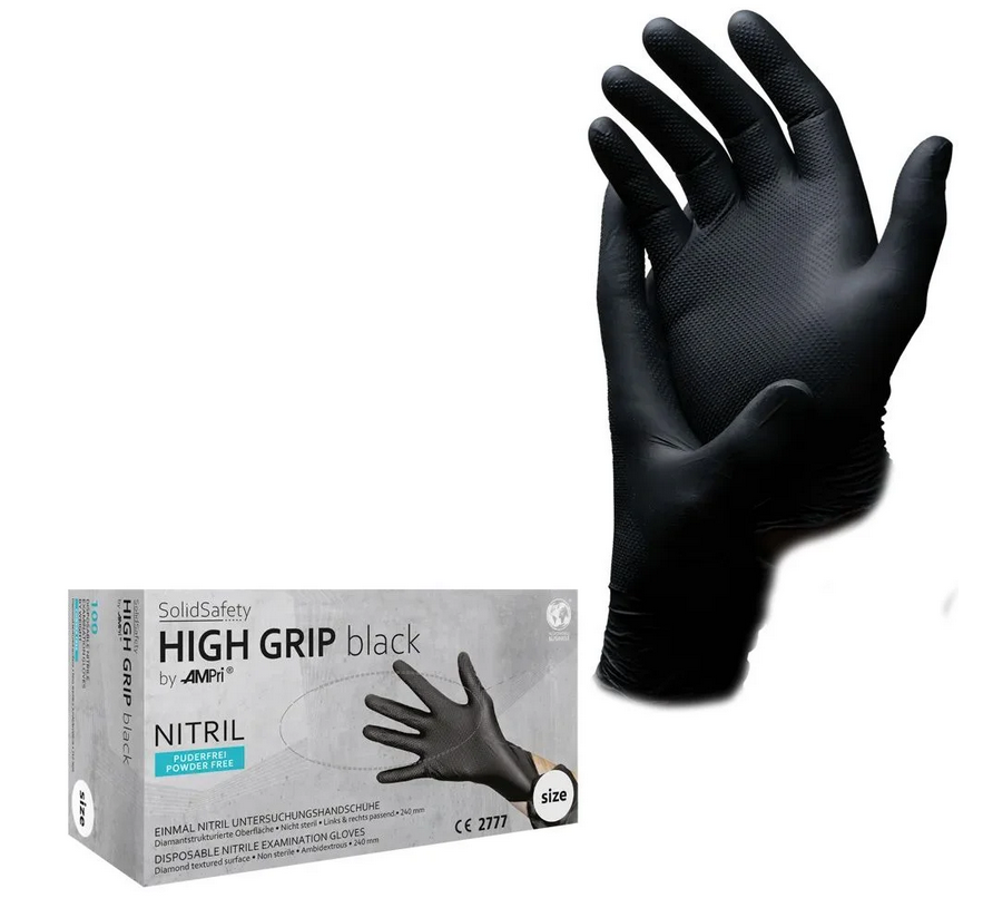 AMPRI-Solidsafety High Grip Black, Nitril-Chemikalienschutzhandschuh, puderfrei, schwarz
