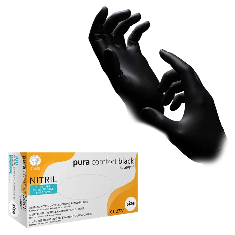 AMPRI-Einweg-Nitri-Handschuhe, puracomfort black, puderfrei, schwarz, Pkg.  100 Stk.