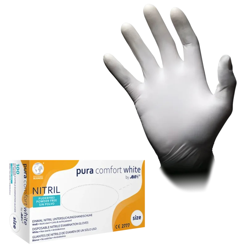 AMPRI-Hand-Schutz, Einweg-Einmal-Nitril-Handschuhe, PURA COMFORT, puderfrei, weiß, Pkg á 100 Stück, VE = 10 Pkg,