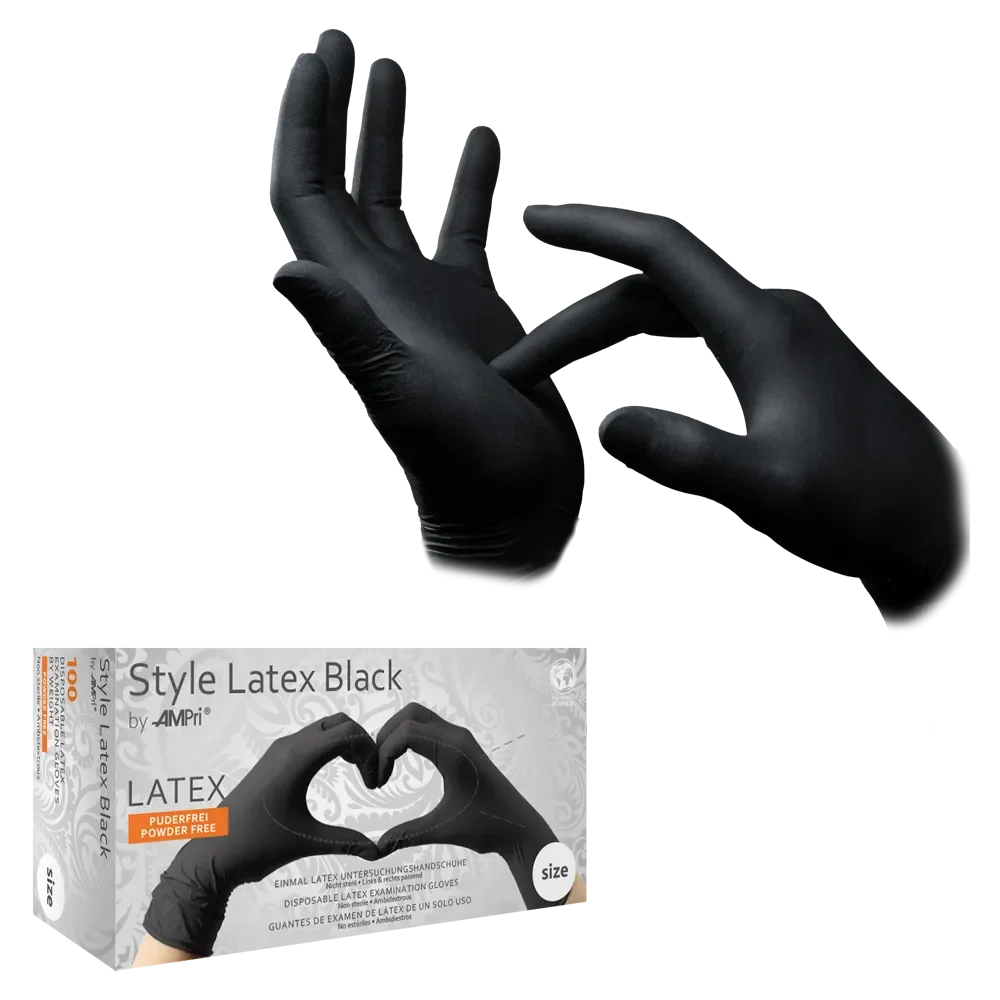 AMPRI-Hand-Schutz, Einweg-Latex-Einmal-Handschuhe, STYLE LATEX BLACK, puderfrei, Pkg  100 Stck, VE = 1 Pkg.