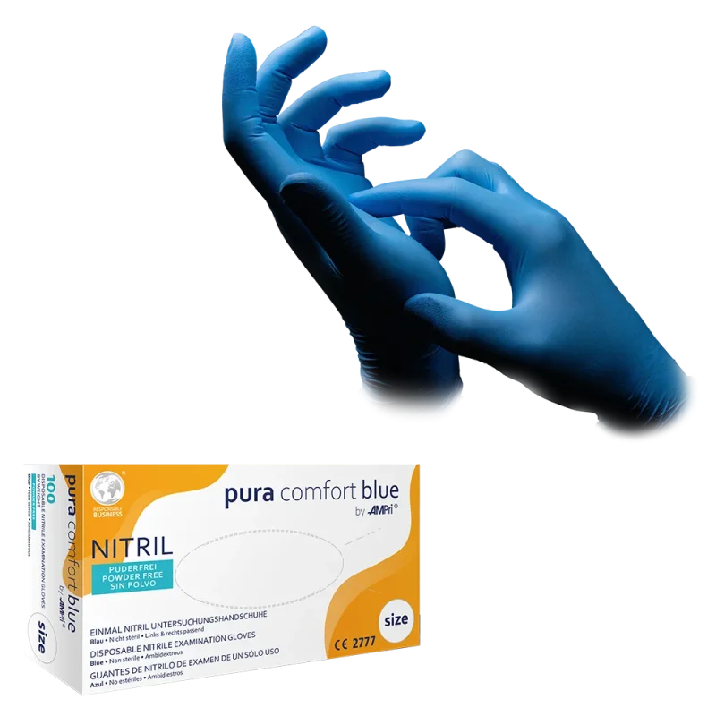 AMPRI-Hand-Schutz, Einweg-Nitril-Einmal-Handschuhe, Pura Comfort Blau, puderfrei, blau, VE = 10 Pkg.  100 Stk.