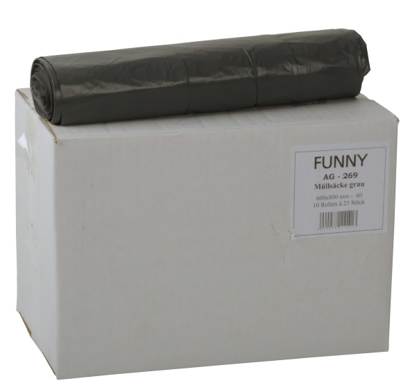 PL-Hygiene, Müllsäcke, LDPE, Typ 60, ca. 70 ltr., 600 x 800 mm, 10 Rollen x 25 Stück, grau