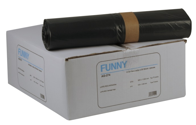 PL-Hygiene, MÜLLSÄCKE, 800 x 1.000 mm – Typ 70, ca. 140 l, Karton: 10 Rollen à 25 Stück, grau