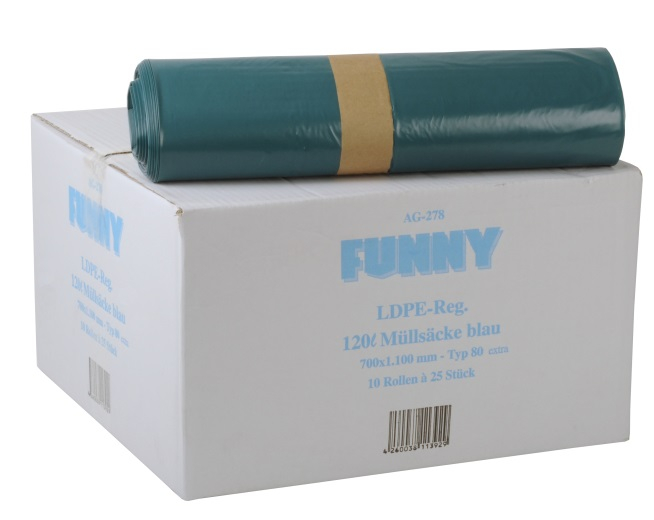 PL-Hygiene, Müllsäcke, LDPE, ca. 120 ltr., 700 x 1100 mm, Typ 80 extra, 10 Rollen x 25 Stück, blau