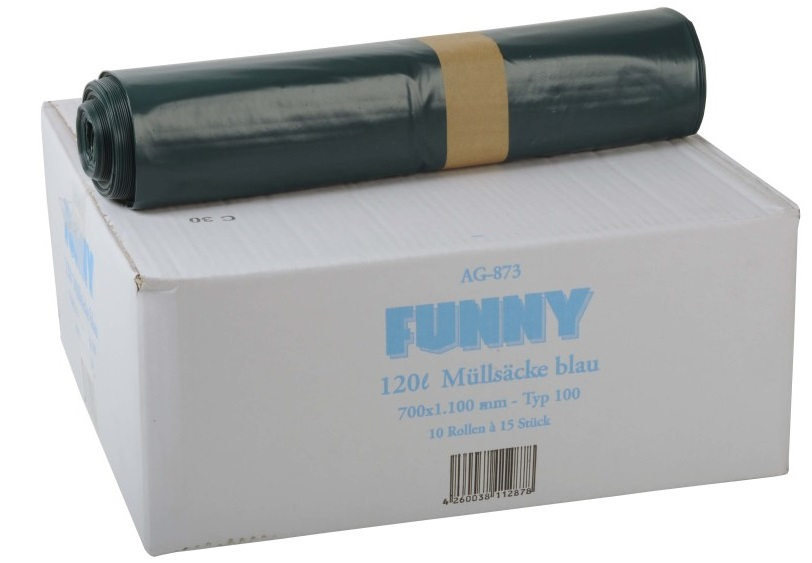 PL-Hygiene, Müllsäcke, blau, gerollt, 120 l, 700 x 1100 mm, Typ 100, Ktn. á 10 x 15 Stk.