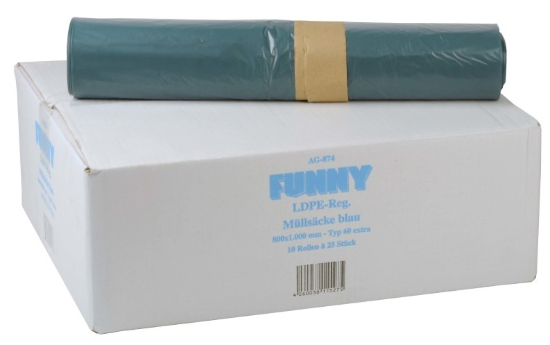PL-Hygiene, MÜLLSÄCKE, 800 x 1.100 mm – Typ 60 extra, ca. 140 l, Karton: 10 Rollen à 25 Stück, blau