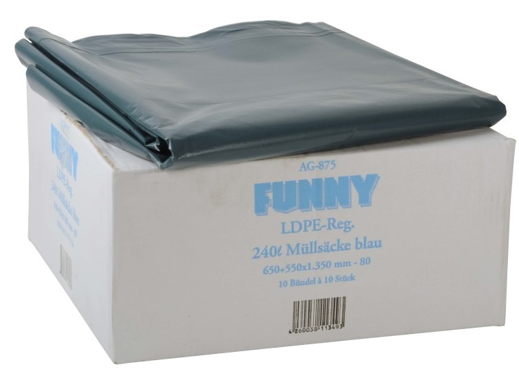 PL-Hygiene, MÜLLSÄCKE, blau, lose, 240 ltr., 650+550x1350mm - 80, Ktn. á 100 Stk., 49my