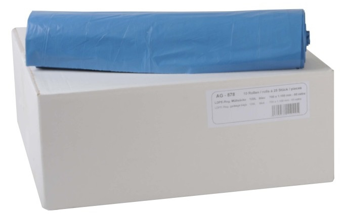 PL-Hygiene, Müllsäcke, LDPE, ca. 120 ltr., 700 x 1100 mm, Typ 60 extra, 10 Rollen x 25 Stück, blau