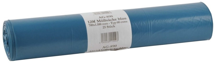 PL-Hygiene, Müllsäcke, LDPE, ca. 120 ltr., 700 x 1100 mm, Typ 60, 10 Rollen x 25 Stück, blau