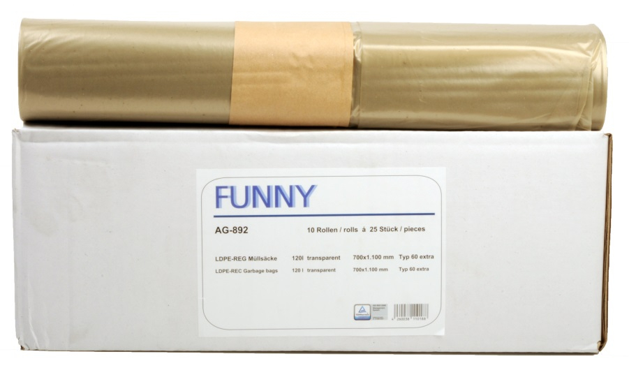 PL-Hygiene, Müllsäcke, LDPE, ca. 120 ltr., 700 x 1100 mm, Typ 60 extra, 10 Rollen x 25 Stück, transparent