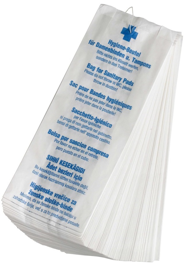 PL-Hygiene, Papier-Hygienebeutel, mehrsprachig beschriftetet, 11 x 4 x 28 cm, weiß, VE = 1 Ktn. á 1000 Stk.