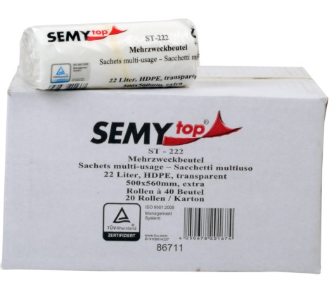 PL-Hygiene, Mehrzweckbeutel, HDPE, ca. 22 ltr., mit PP-Band, 500 x 560 mm, 20 Rollen x 40 Stück, transparent