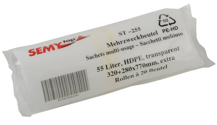 PL-Hygiene, Mehrzweckbeutel, HDPE, ca. 55 ltr., mit PP-Band, 320 + 280 x 770 mm, 20 Rollen x 20 Stück, transparent