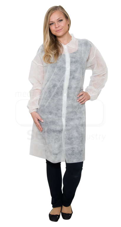 WIROS-Jobwear, Einweg-Vlies-Mantel, Einmal-Kittel, Druckknöpfe, 23 g/m², 140 x 110 cm, Pkg á 5, VE = 100 Stück, weiß