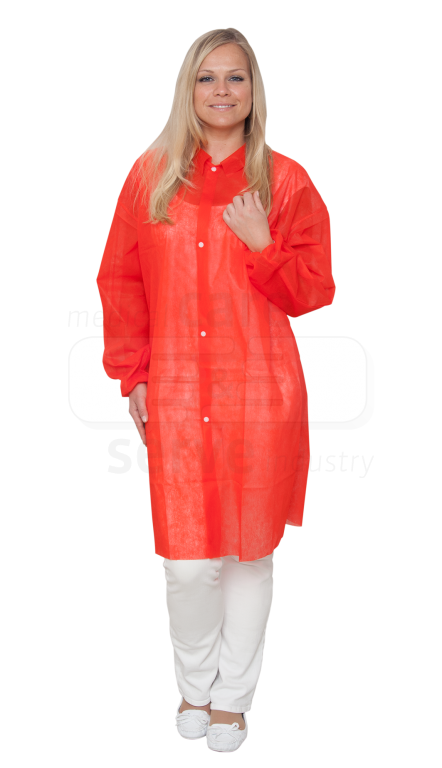 WIROS-Jobwear, Einweg-Vlies-Mantel, Einmal-Kittel, Druckknöpfe, 30 g/m², 145 x 115 cm, VE = 50 Stück, rot