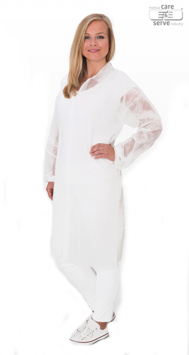 WIROS-Jobwear, Einweg-Vlies-Mantel, Einmal-Kittel, Druckknöpfe, 23 g/m², 145 x 115 cm, Pkg á 5, VE = 100 Stück, weiß