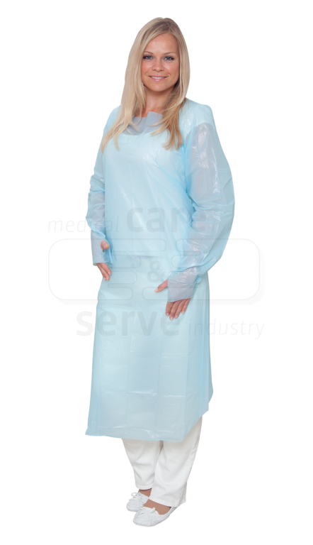 WIROS-Jobwear, Einweg-CPE-Schutzkittel, Einmaljacke, Daumenschlaufen, EN 14126, 93 x 120 cm, Pkg  25, VE = 100, blau