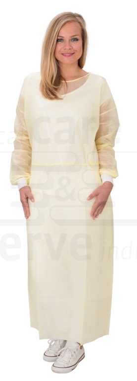 WIROS-Jobwear, Einweg-Vlies-Kittel, Einmal-Mantel, Schutzkittel, PE Komplett Laminierungan, Strickbündchen, gemäß EN 14126, 140 x 135 cm, Pkg á 10 Stück, VE = 100 Stück, gelb