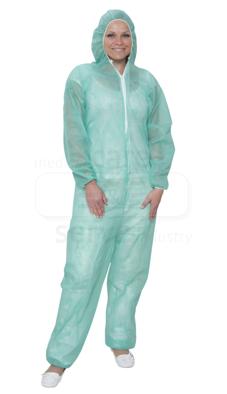 WIROS-Jobwear, Einweg-Vlies Overall, Einmal-Schutz-Anzug, Kapuze, 32 g/m², 150 x 183 cm, VE = 50 Stück, grün