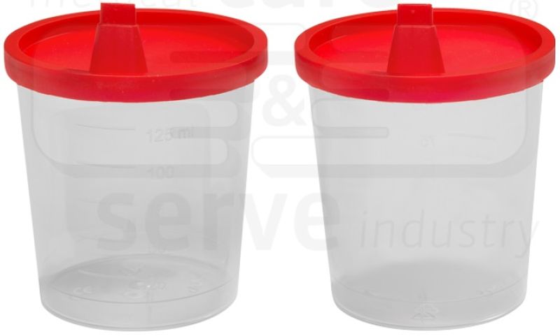 WIROS-Betriebsbedarf, Urinprobenbecher, roter Schnappdeckel mit Ausguss, 125 ml ,VE: 500 Stck, transparent/rot