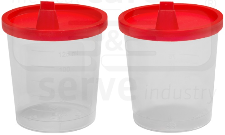 WIROS-Betriebsbedarf, Urinprobenbecher, roter Schnappdeckel mit Ausguss, 125 ml ,VE: 500 Stück, transparent/rot