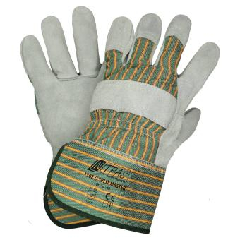 NITRAS SPLIT MASTER, Rindspaltlederhandschuhe, Baumwoll-Rücken, grün / rot / gelb gestreift, VE = 12 Paar